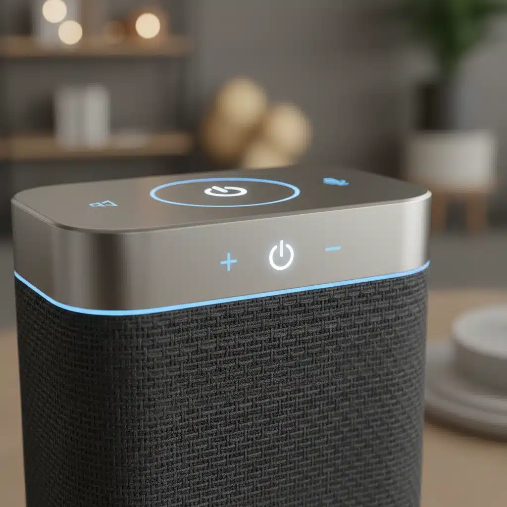 Close-up of a premium smart speaker showing detailed fabric and touch controls.