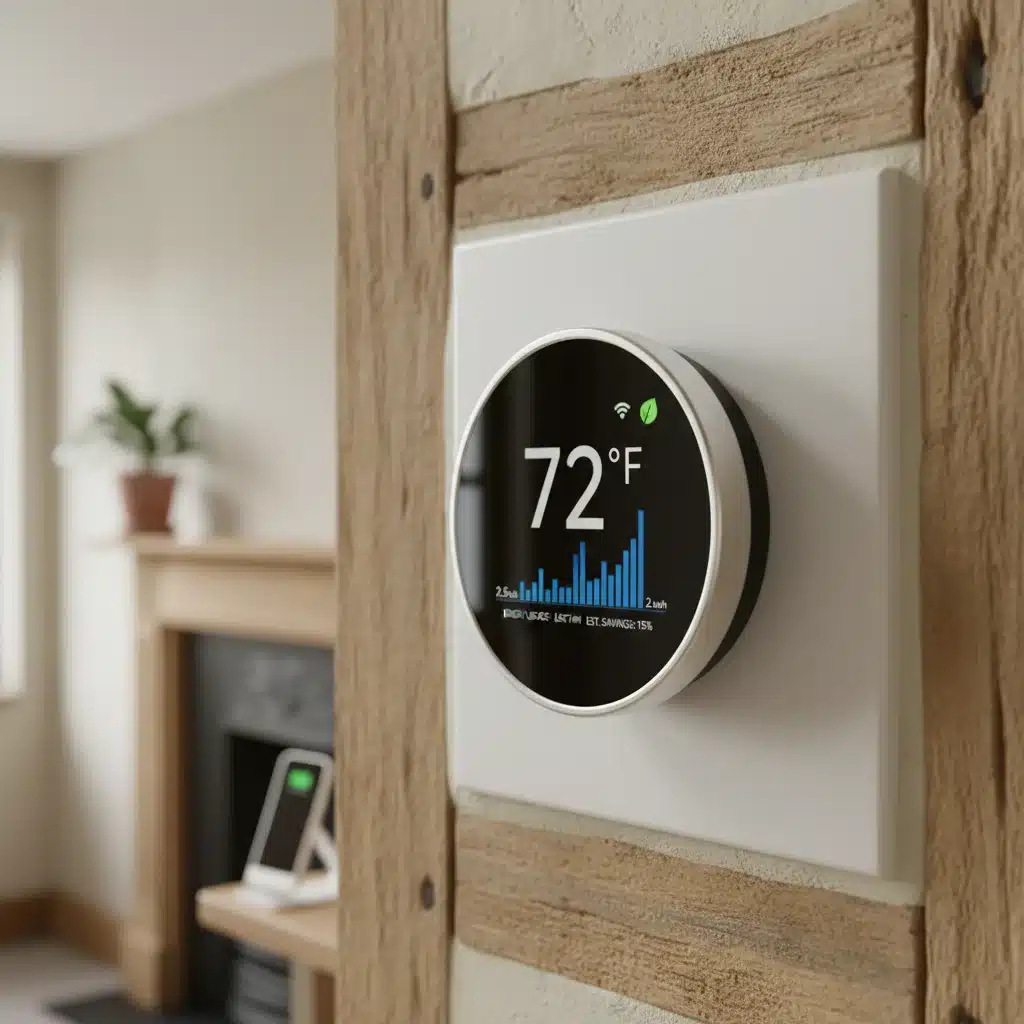 Smart thermostat displaying energy data in a home