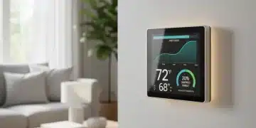 Smart thermostat display showing energy savings, modern home interior