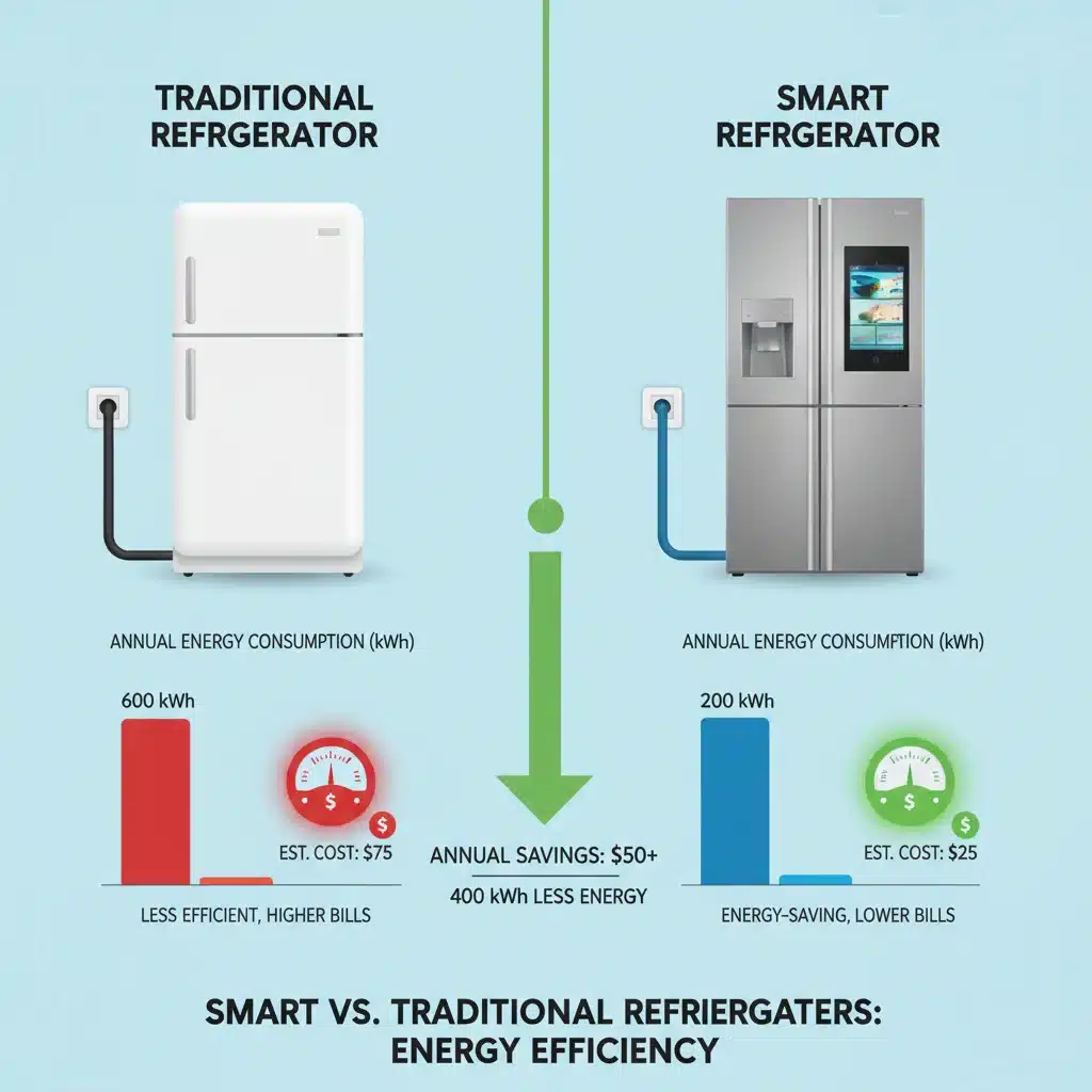 Infographic comparing smart vs traditional refrigerator energy consumption