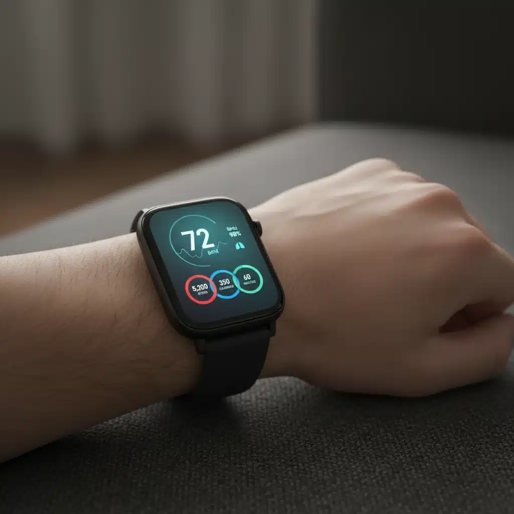 Smartwatch displaying health metrics on a person's wrist in a modern setting.