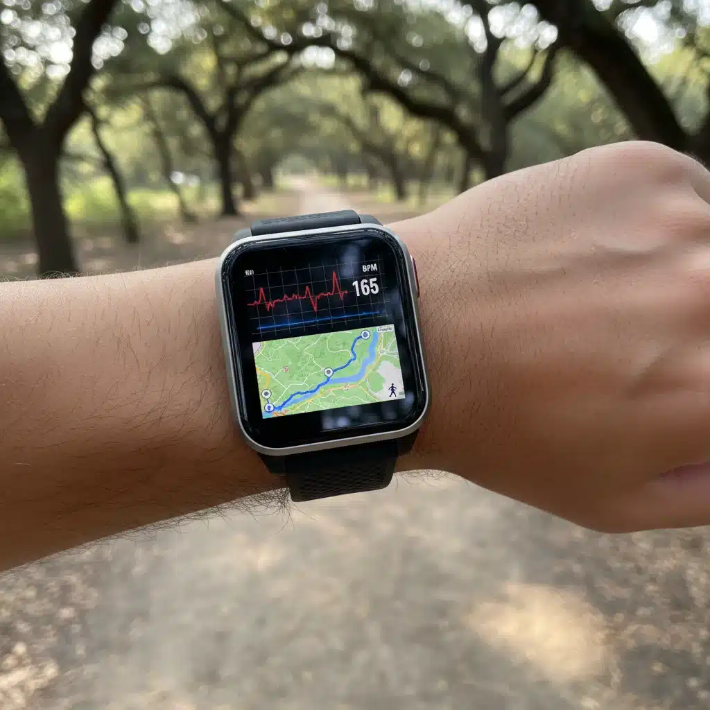 Smartwatch on a runner's wrist displaying real-time heart rate and GPS route during an outdoor training session, highlighting advanced health tracking.