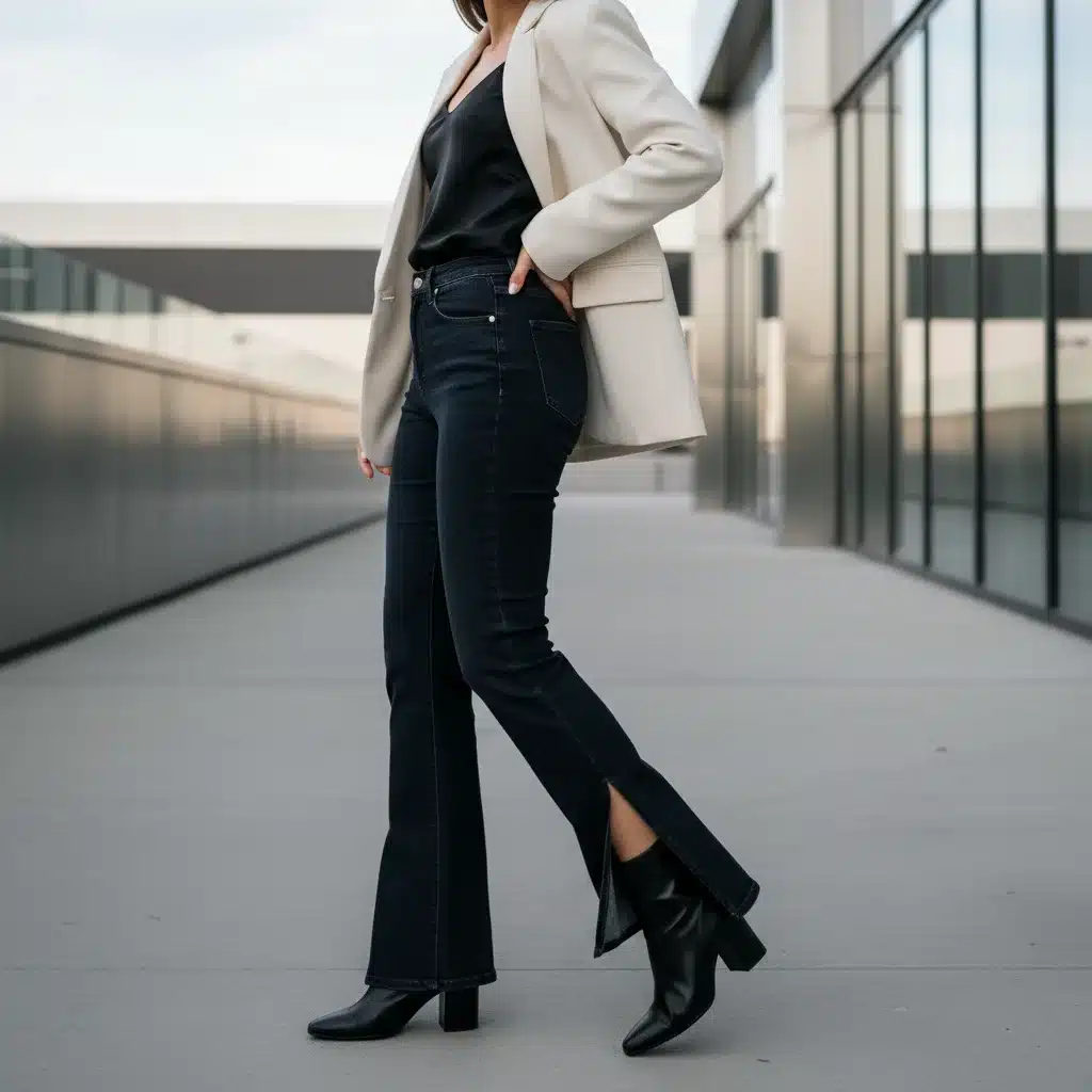 Woman walking, showing elegant split-hem bootcut jeans paired with ankle boots.