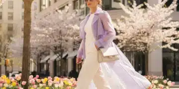 Model showcasing Spring 2026 fashion trends with pastel trench coat