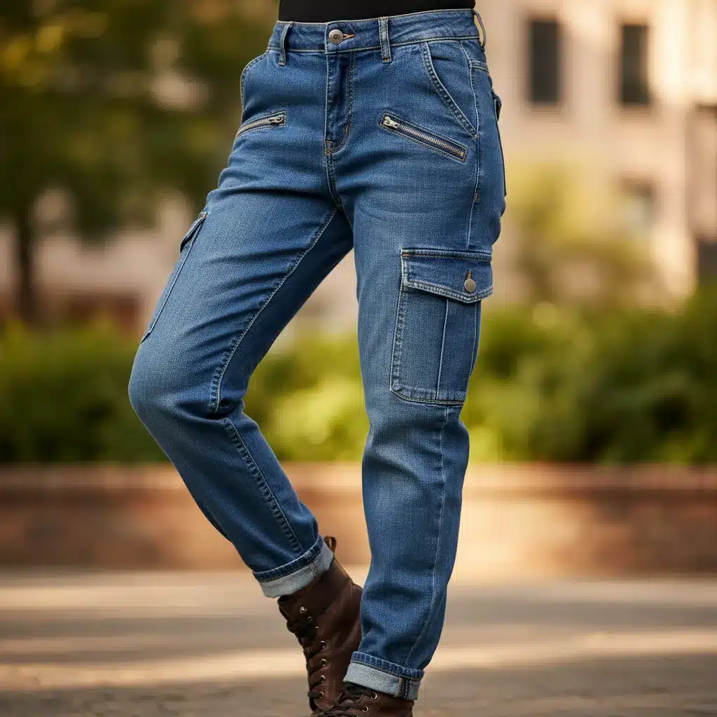 Close-up of a woman wearing stylish cargo jeans, highlighting pocket details and relaxed fit.