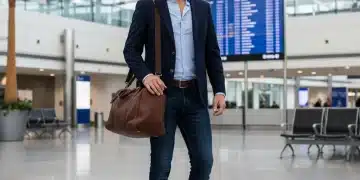 Stylish man in navy blazer and jeans at airport, ready for travel.