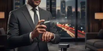 Stylish man applying luxurious men's fragrance in a modern setting