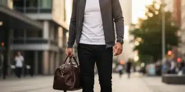 Stylish man in grey athleisure jacket and black joggers walking city street