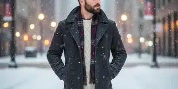 Stylish man in peacoat in snowy urban setting
