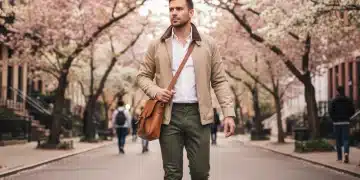 Stylish man in a spring jacket walking down a city street, embodying modern men's spring fashion 2026.