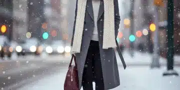 Woman in stylish layered winter outfit on snowy city street