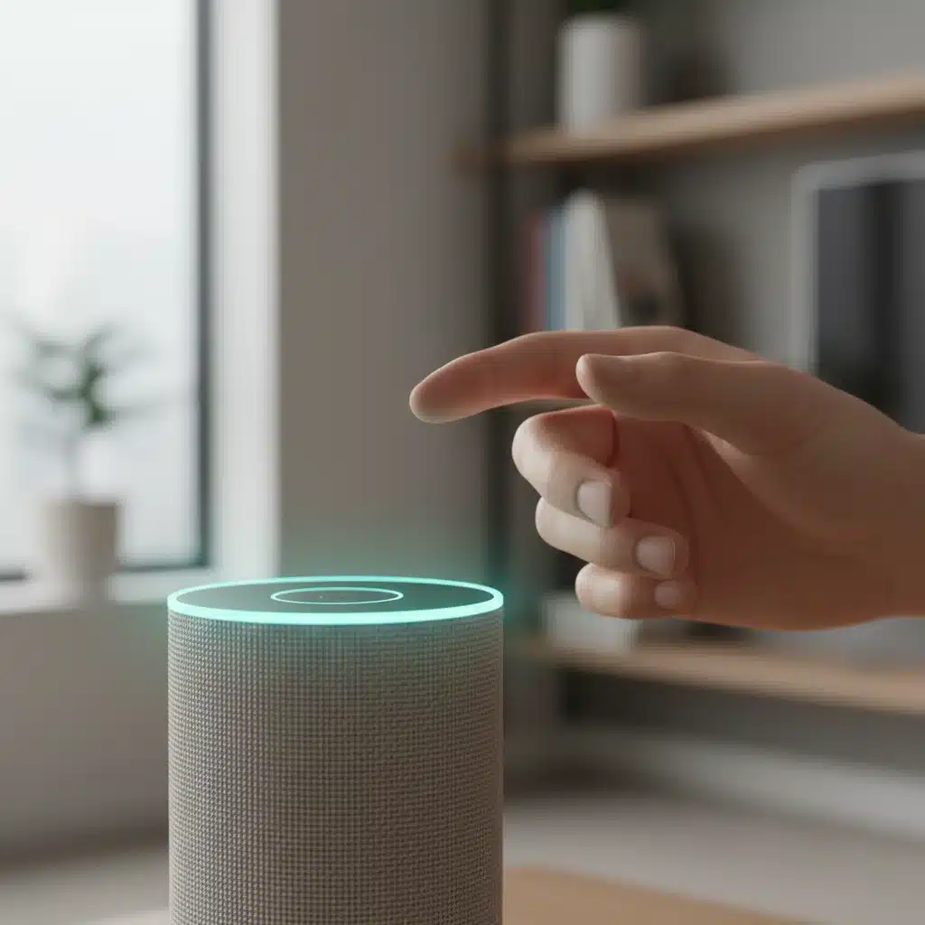 Person interacting with smart speaker using subtle gestures and voice commands