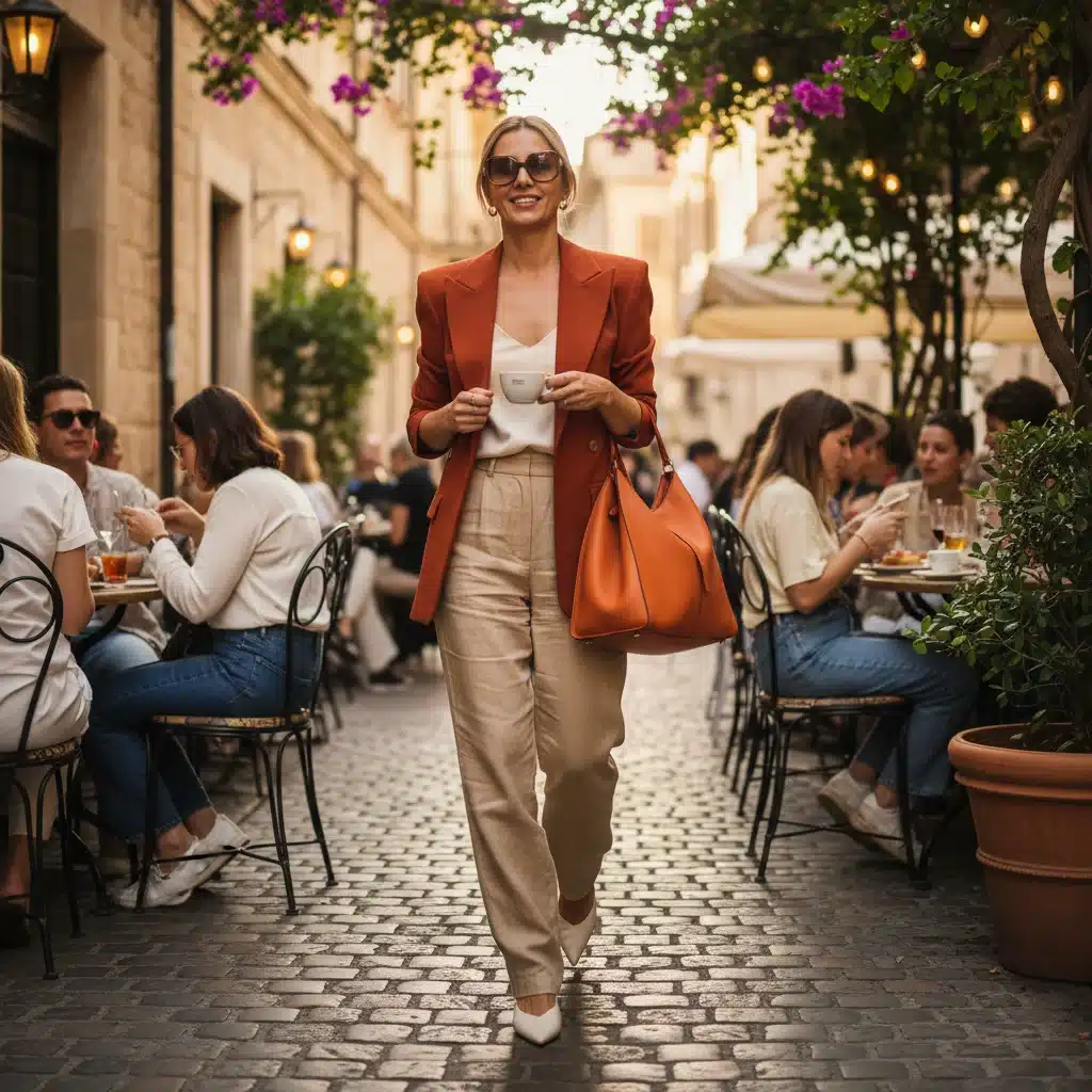 Stylish woman wearing sun-drenched orange accents in Spring Summer 2026 outfit