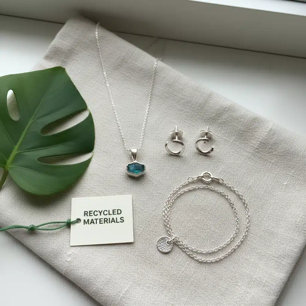 Flat lay of eco-friendly silver pendant, recycled metal earrings, and sustainable bracelet