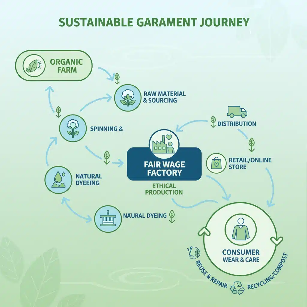 Infographic showing the sustainable fashion supply chain from farm to consumer