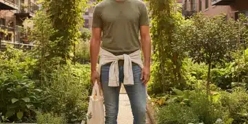 Man in organic cotton t-shirt and recycled denim jeans, sustainable fashion.