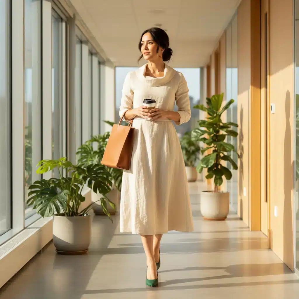 Professional woman in sustainable midi dress and elegant accessories in an office corridor.