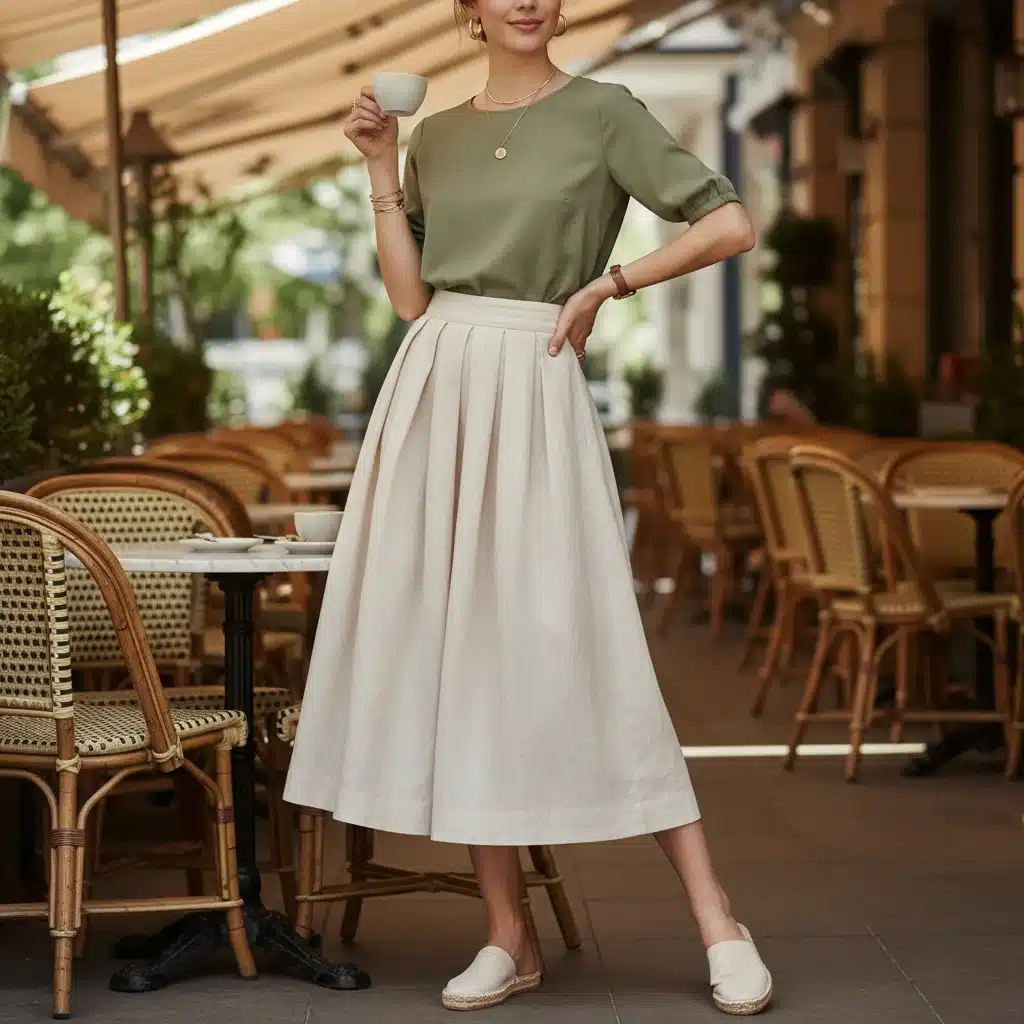 Model wearing a stylish, sustainable linen midi skirt in a sunlit cafe setting.