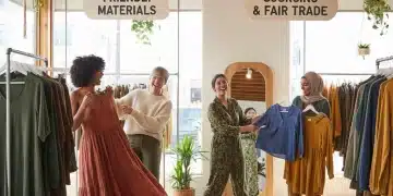 Women shopping for eco-friendly clothing in a sustainable boutique