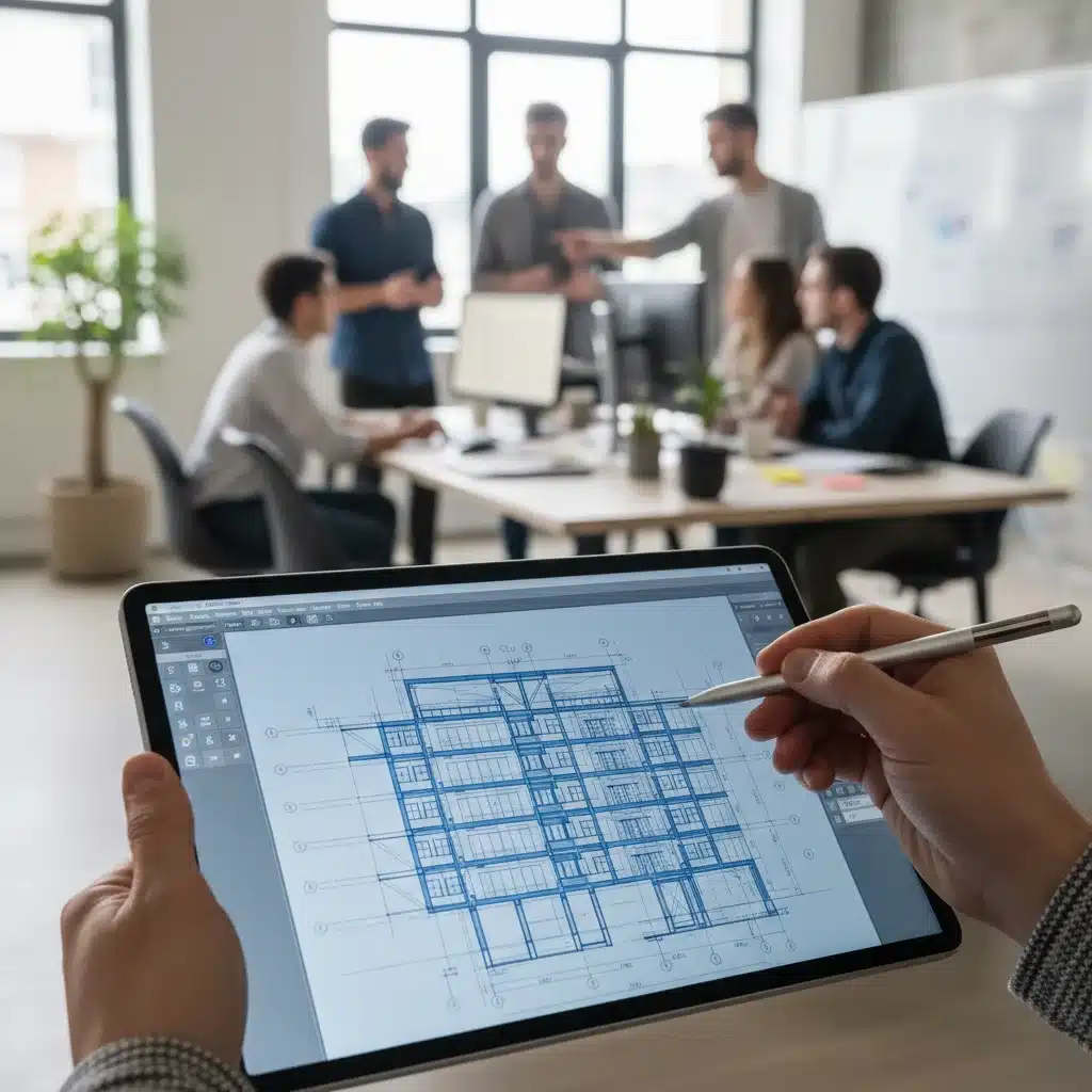 Hand holding tablet displaying architectural design with digital pen