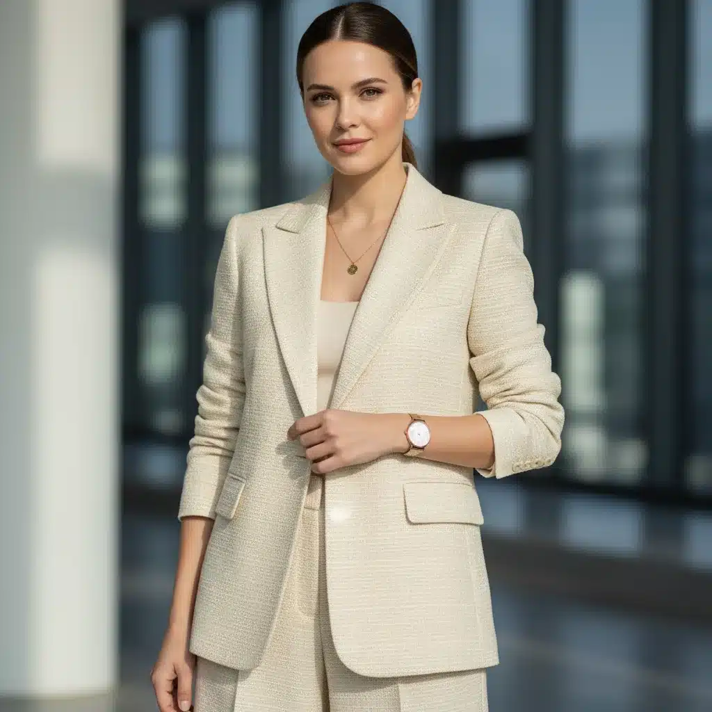 Woman in tailored blazer and wide-leg trousers, exuding professional confidence.