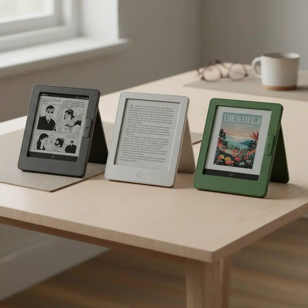 Three different e-reader models displayed side-by-side on a table, highlighting their design and size differences.