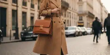 Woman wearing a classic trench coat, leather handbag, and boots, representing timeless fashion investment.