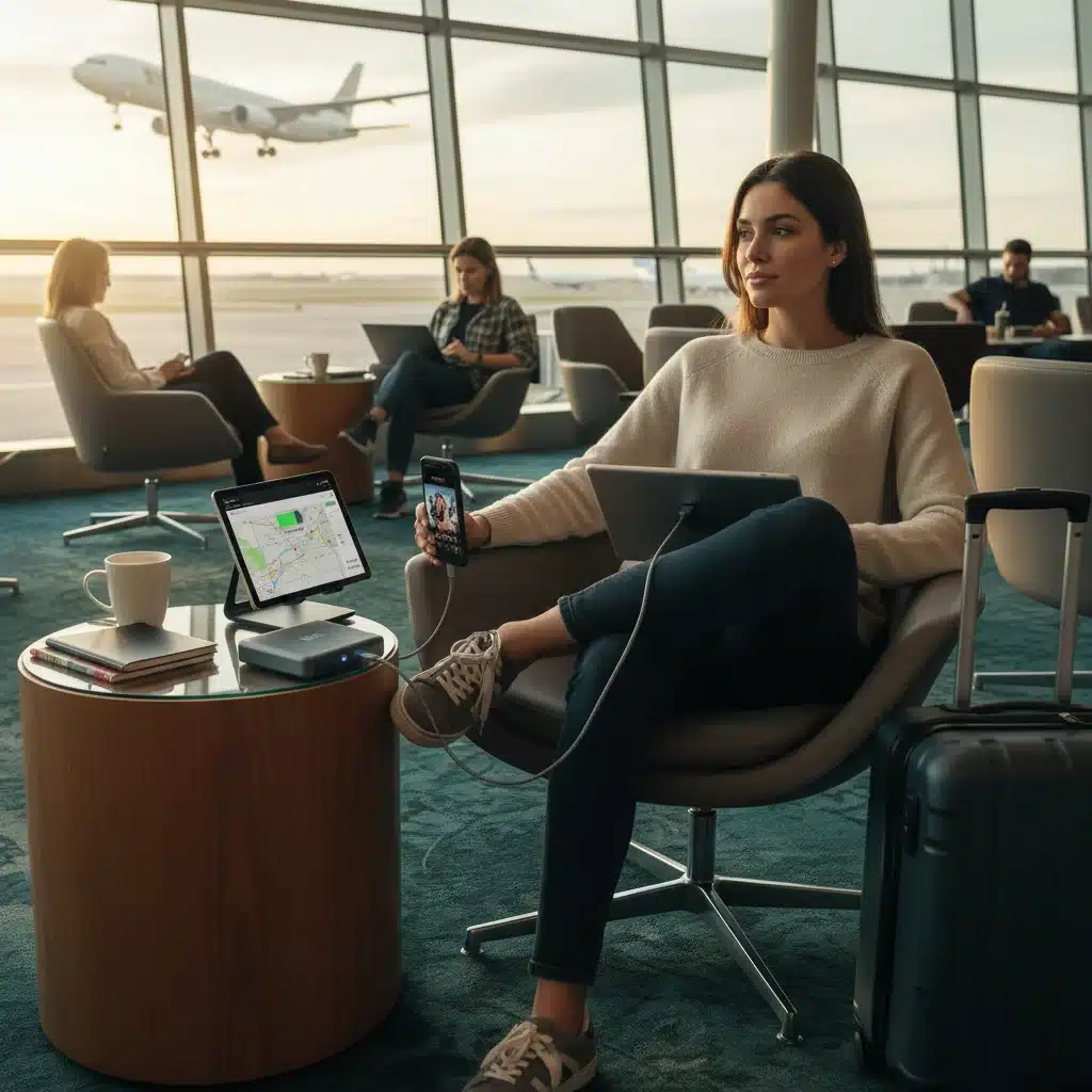 Traveler charging devices with portable power bank in airport