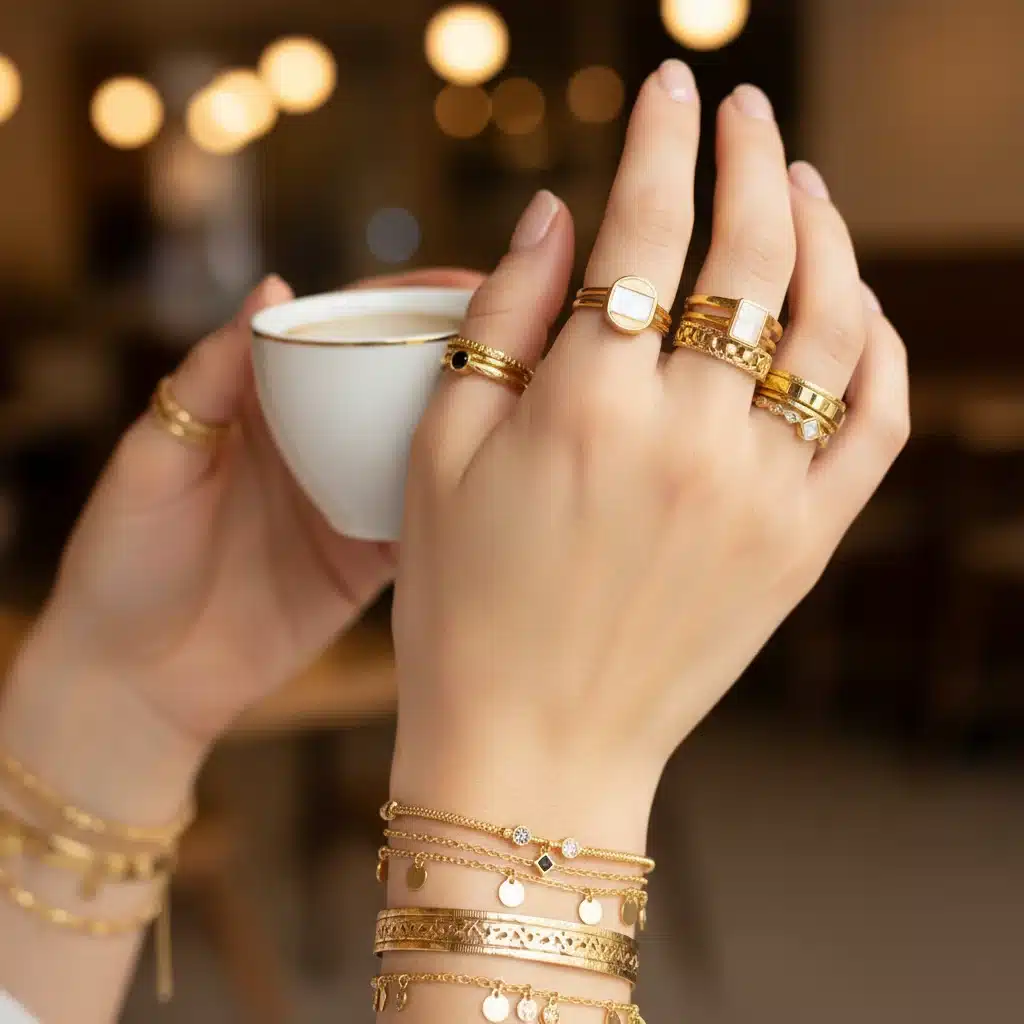 Close-up of hands wearing trendy gold-plated rings and layered bracelets