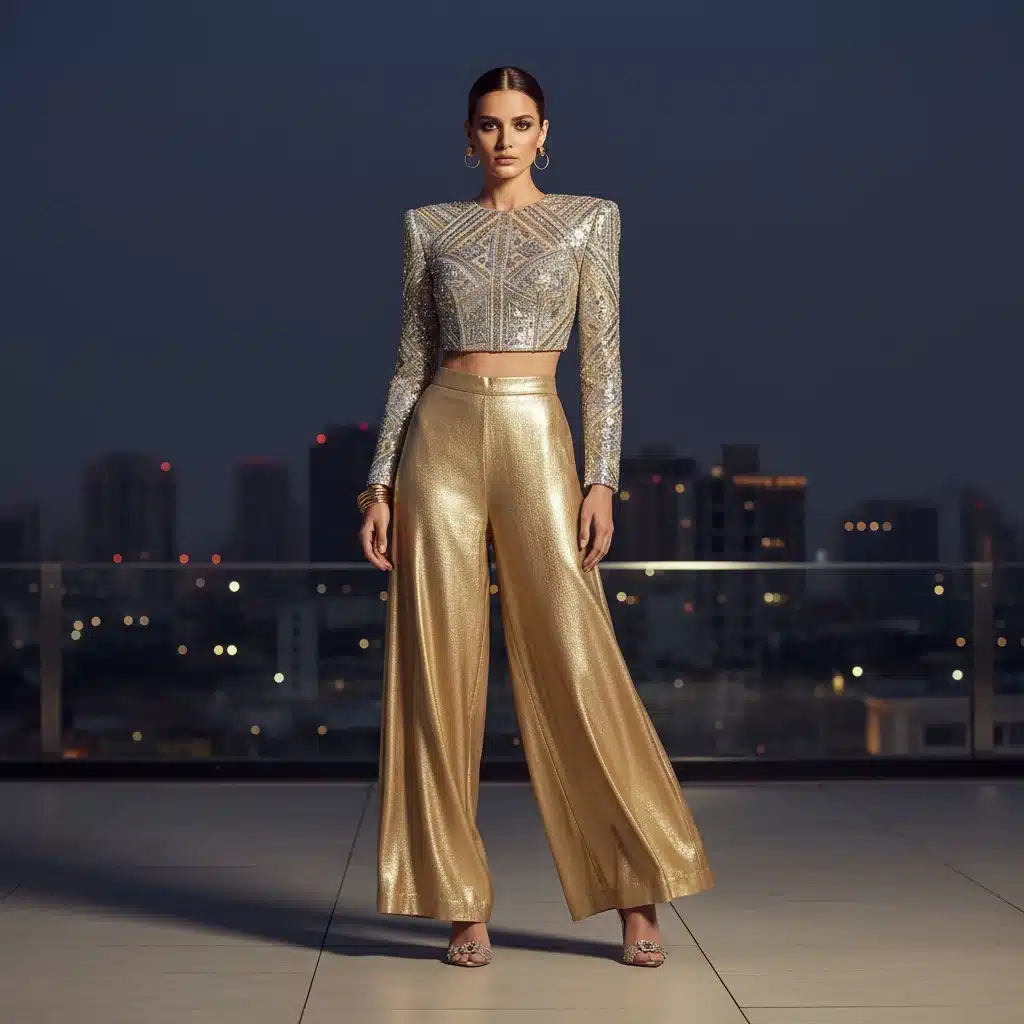 Elegant two-piece evening set with embellished top and palazzo pants