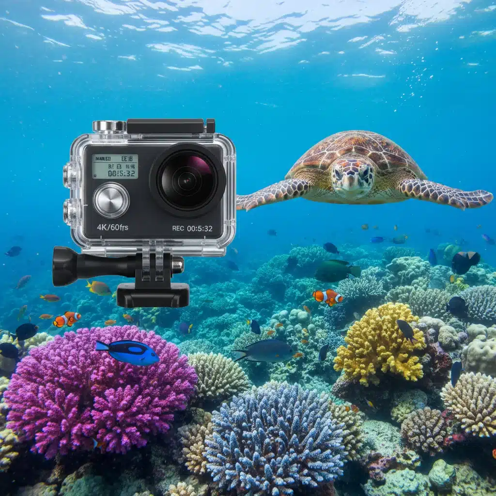 Underwater action camera capturing vibrant coral reef and fish.