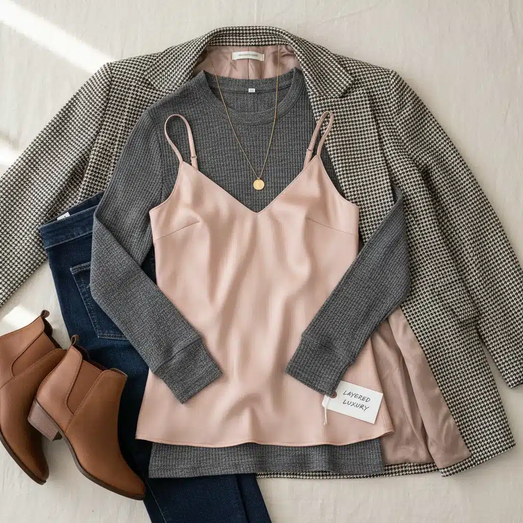 Flat lay showing versatile layering pieces: camisole, long-sleeve, blazer, and necklace for transitional fashion.