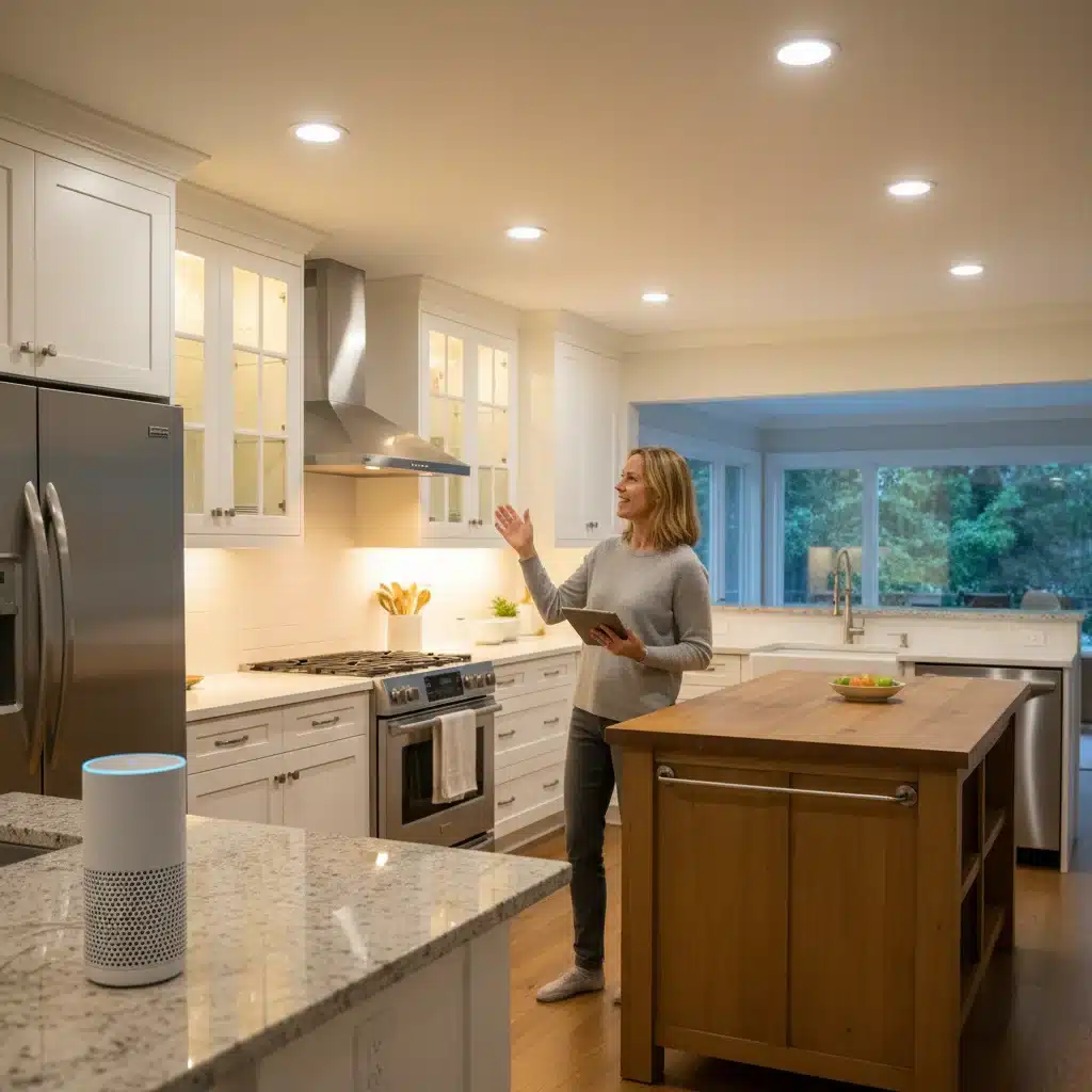 Voice-controlled smart lighting in modern kitchen