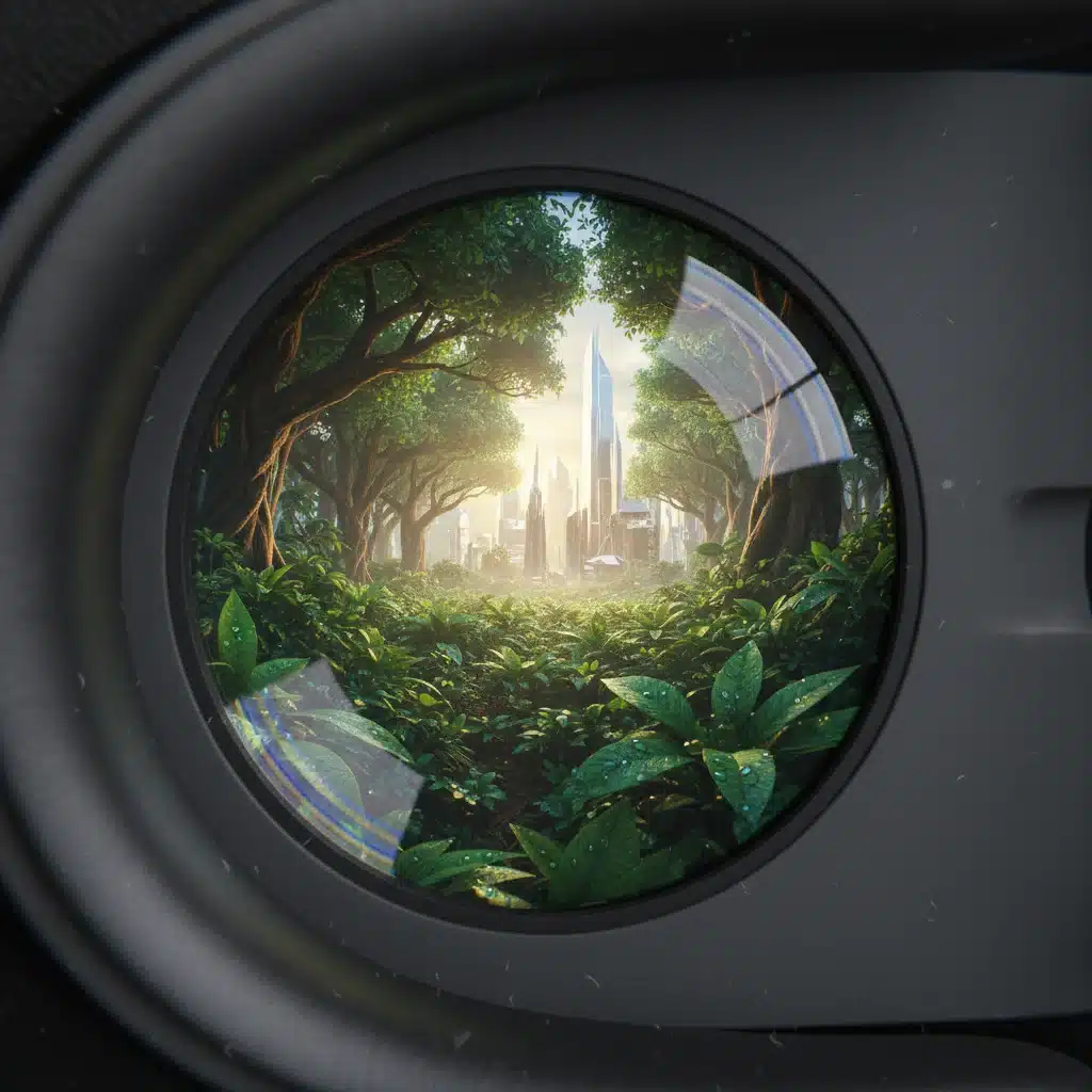 Detailed close-up of a VR headset lens showing high-resolution virtual graphics