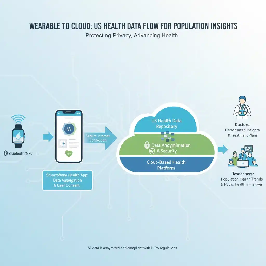 Infographic illustrating data flow from wearable devices to health platforms and research.