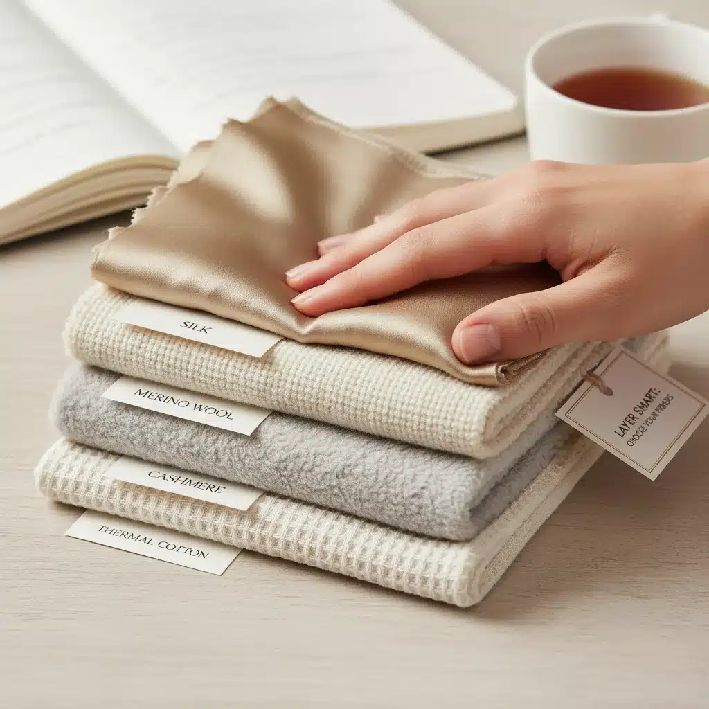 Various fabric swatches for winter layering, showing different textures