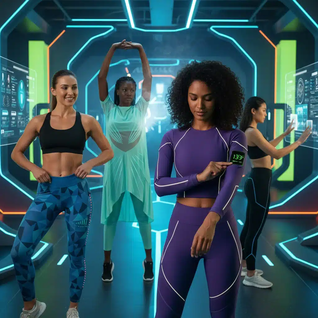 Diverse women in futuristic gym using smart activewear for real-time health monitoring and performance feedback.
