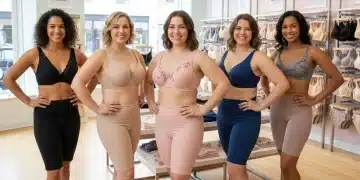 Diverse women confidently showcasing well-fitted bras in a modern lingerie store.