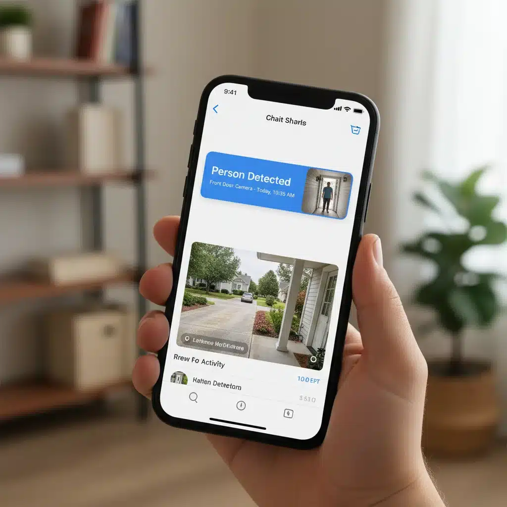 Smartphone showing AI person detection alert from smart security camera.