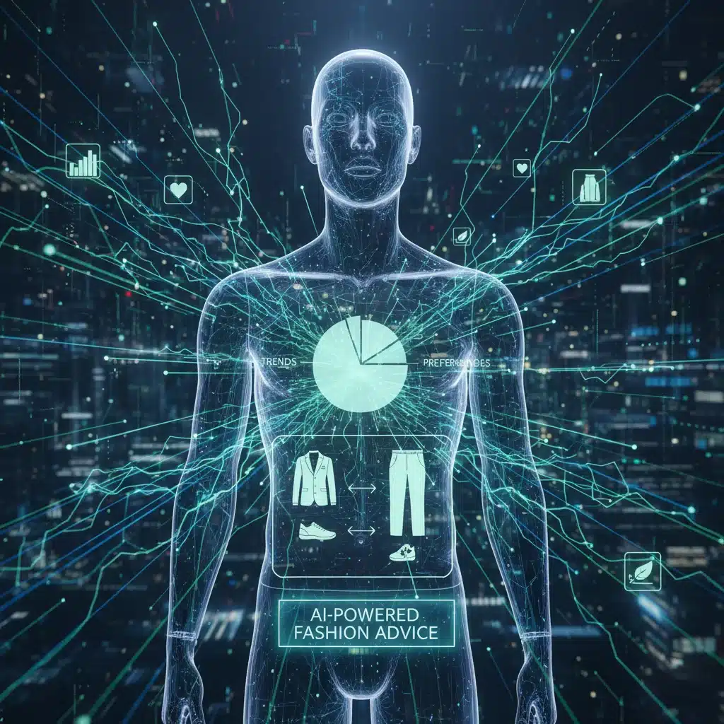 AI algorithms analyzing fashion trends and personal data for men's style.