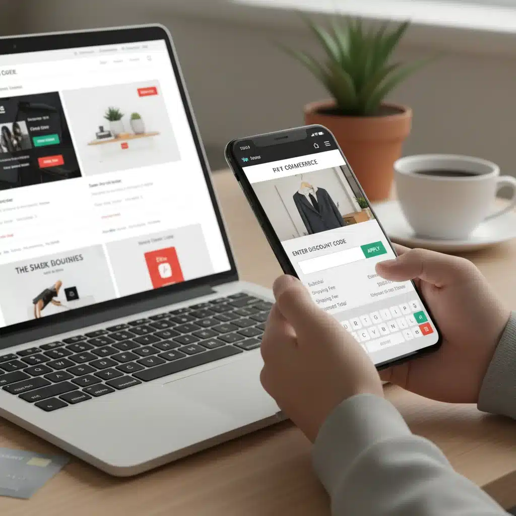Hands applying a discount code on a smartphone during online shopping.