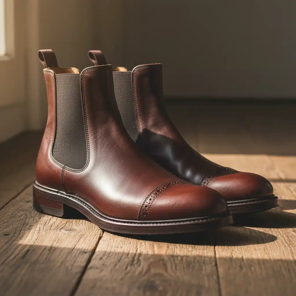 Close-up of high-quality dark brown leather Chelsea boots on a wooden floor.