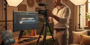 Content creator setting up camera and lights in a modern studio