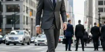 Elegant man in a suit wearing sophisticated leather oxford shoes, walking in a city.
