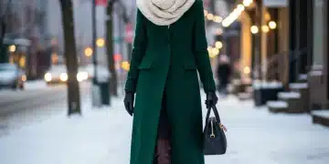 Elegant woman in tailored wool coat, scarf, and boots walking in snowy city street.