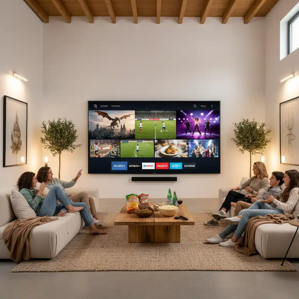 Family enjoying diverse streaming content on a smart TV in a modern Spanish living room.