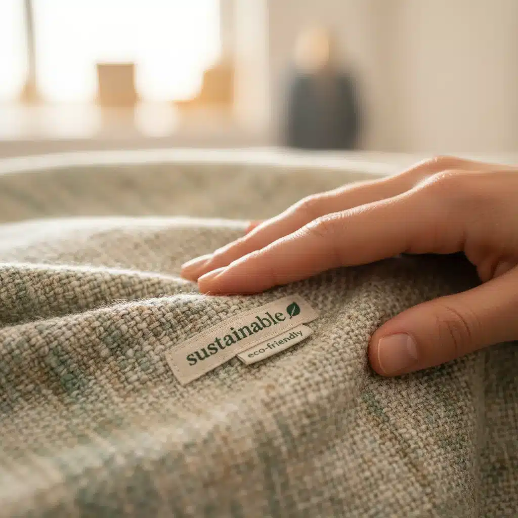 Close up of hand touching sustainable fabric with eco-friendly tag.