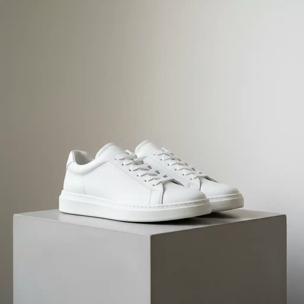 Clean white minimalist leather sneakers on a modern background.