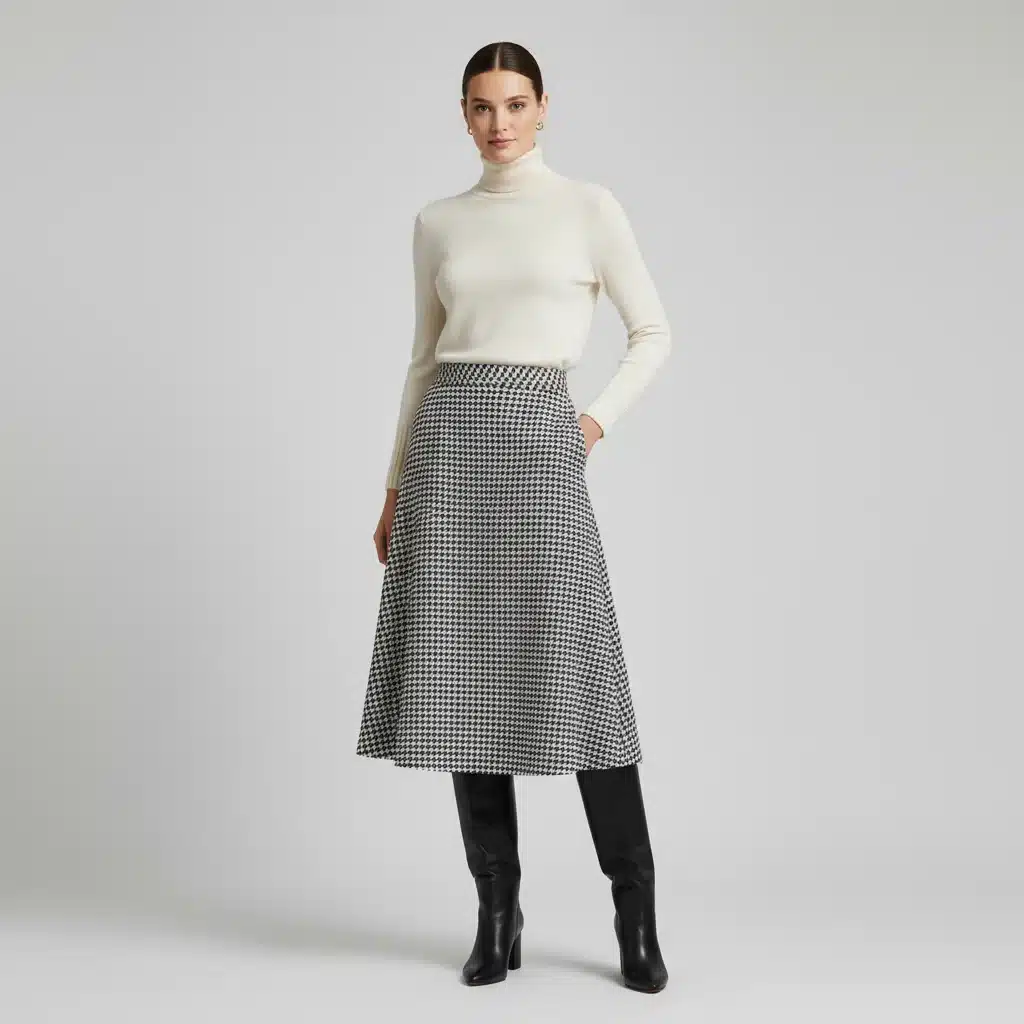 Model in a refined A-line midi skirt, highlighting the 'new midi' Fall 2026 silhouette