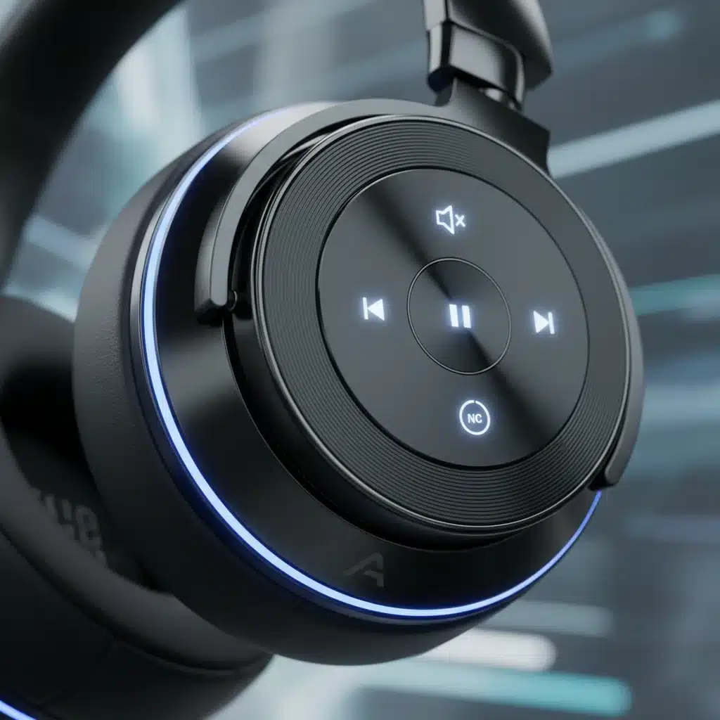 Close-up of a premium wireless noise-cancelling headphone earcup with touch controls